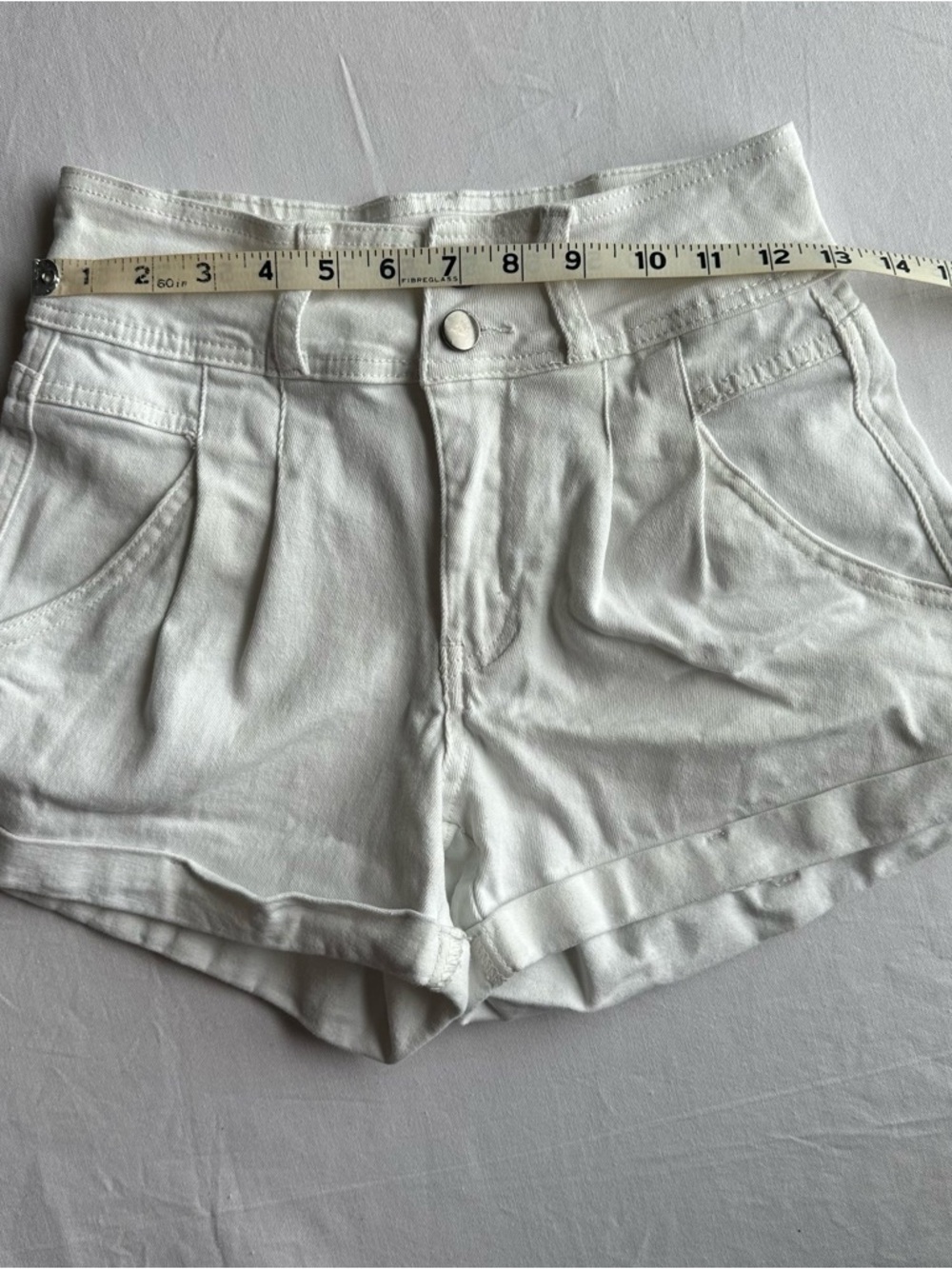High Waisted Pleated White Denim Shorts with Wide Waistband - Picture 5 of 7